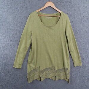 Soft Surroundings Top Medium‎ Linley Lace Hem Tunic Long Sleeves Pullover Green